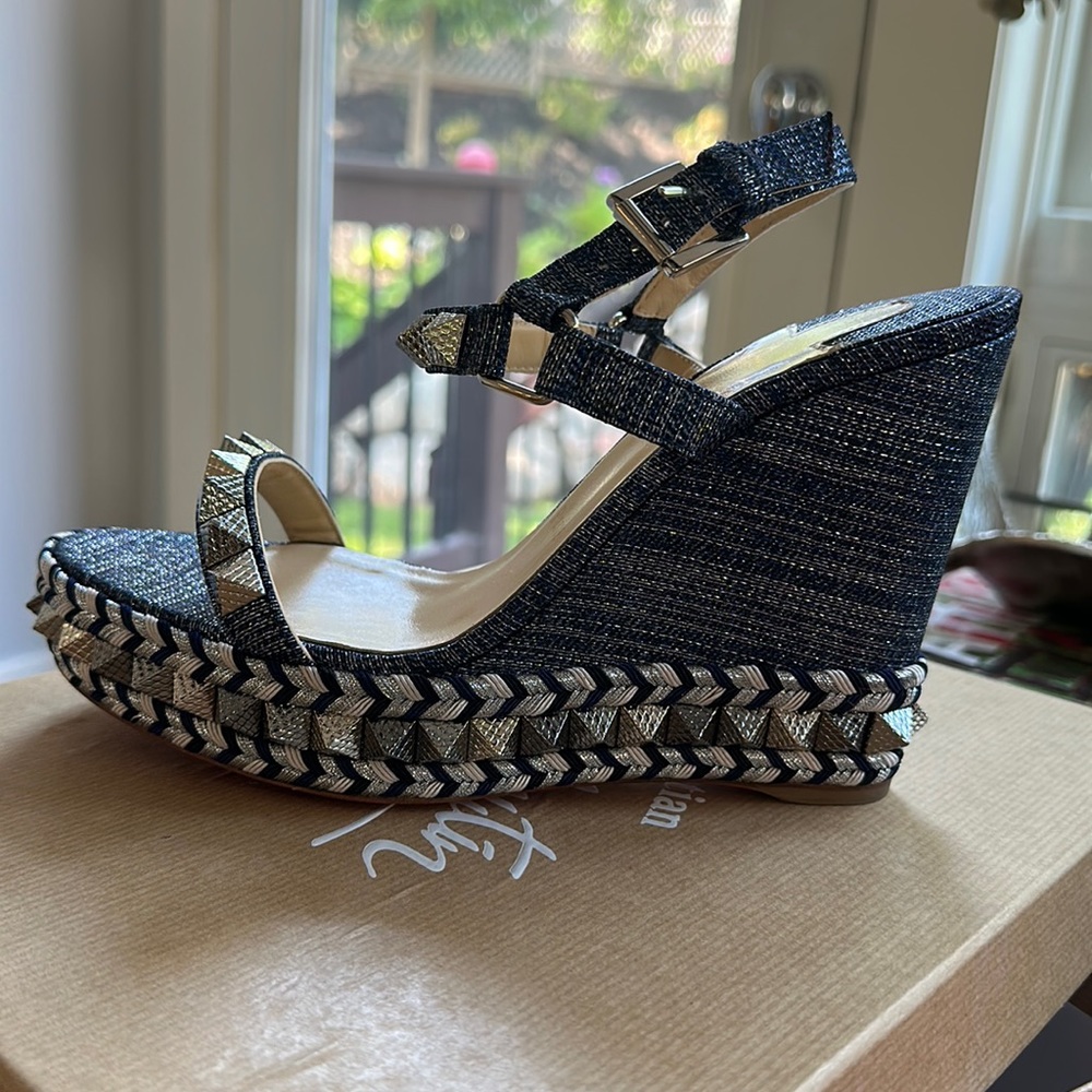Christian Louboutin Pyraclou 110 Lame Lux Denim Wedge